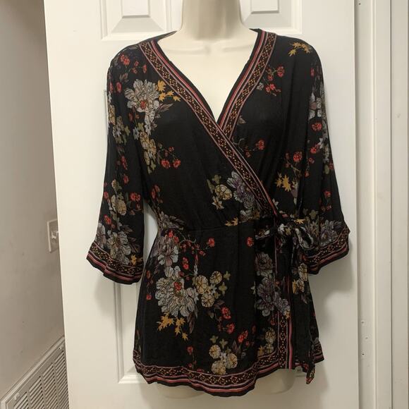 Soft Surroundings Womens S floral blouse Viscose Black V Neck Tie - Picture 1 of 8